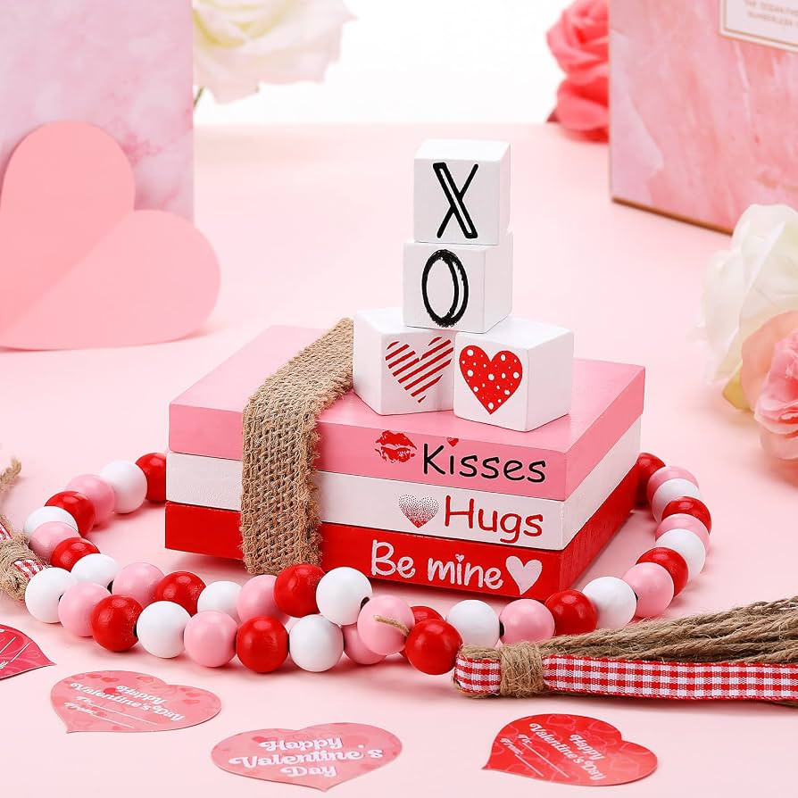 Valentine's Day Tiered Tray Decor Wood Bead Garlands with Tassels Fake Books Rustic Farmhouse Tie... | Amazon (US)