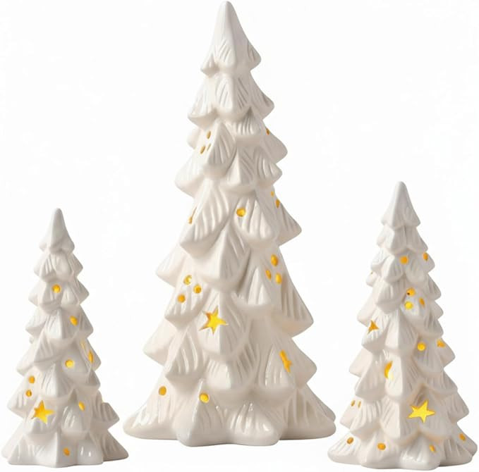 Nuogo 3 Pcs Lighted Ceramic Christmas Tree Decorations White Ceramic Christmas Table Centerpiece ... | Amazon (US)