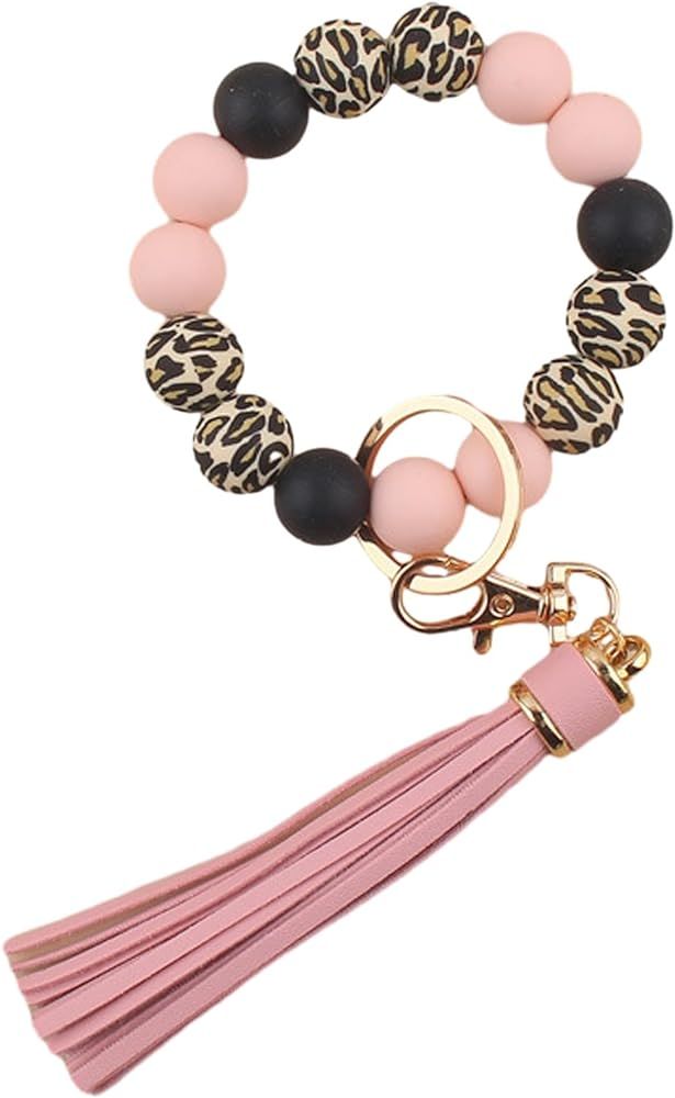 Leopard Silicone Beaded Wristlet Keychain, PU Tassel Bracelet Bangle Beads Car Keyring for Women,... | Amazon (US)