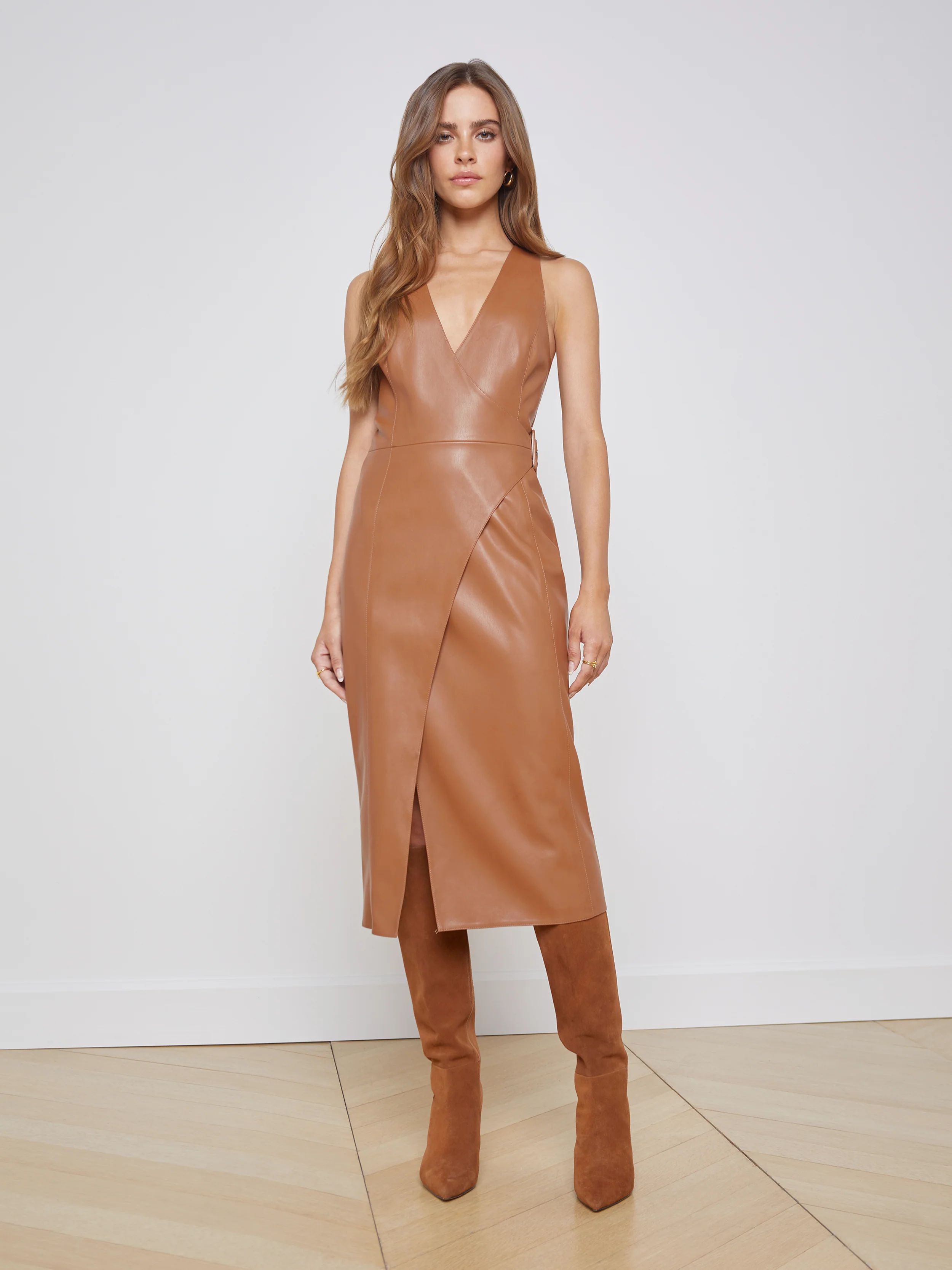 L'AGENCE Amal Faux Leather Dress in Fawn | L'Agence