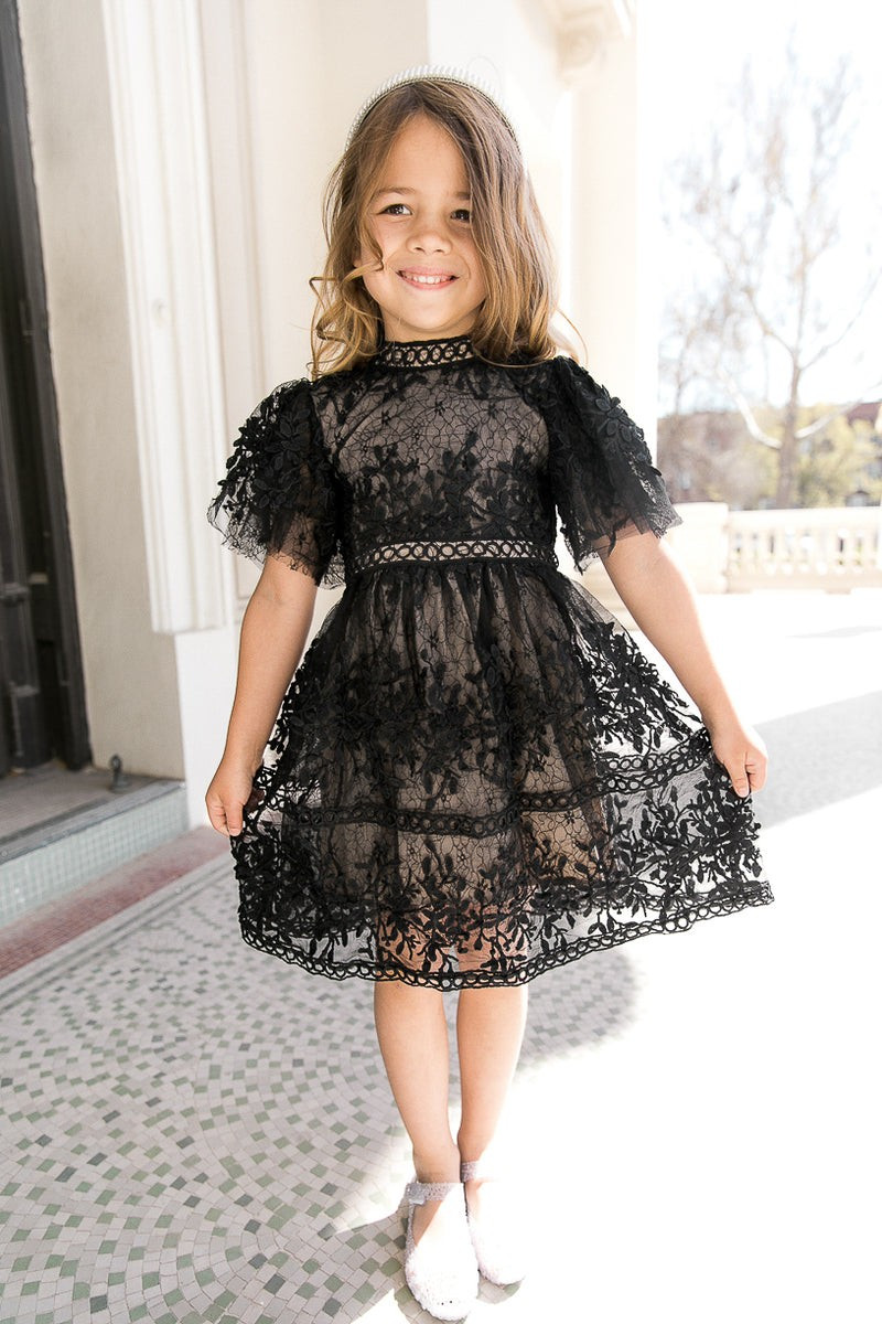 Mini Sicily Dress with Flutter Sleeves in Black | Ivy City Co