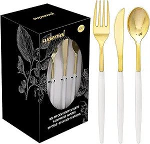 Supernal 102pcs Gold Plastic Cutlery, Durable Plastic silverware,Disposable Cutlerty with White H... | Amazon (US)