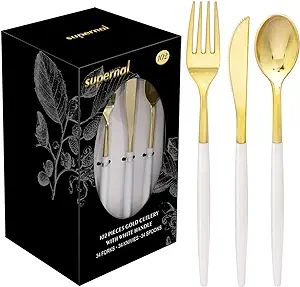 Supernal 102pcs Gold Plastic Cutlery, Durable Plastic silverware,Disposable Cutlerty with White H... | Amazon (US)