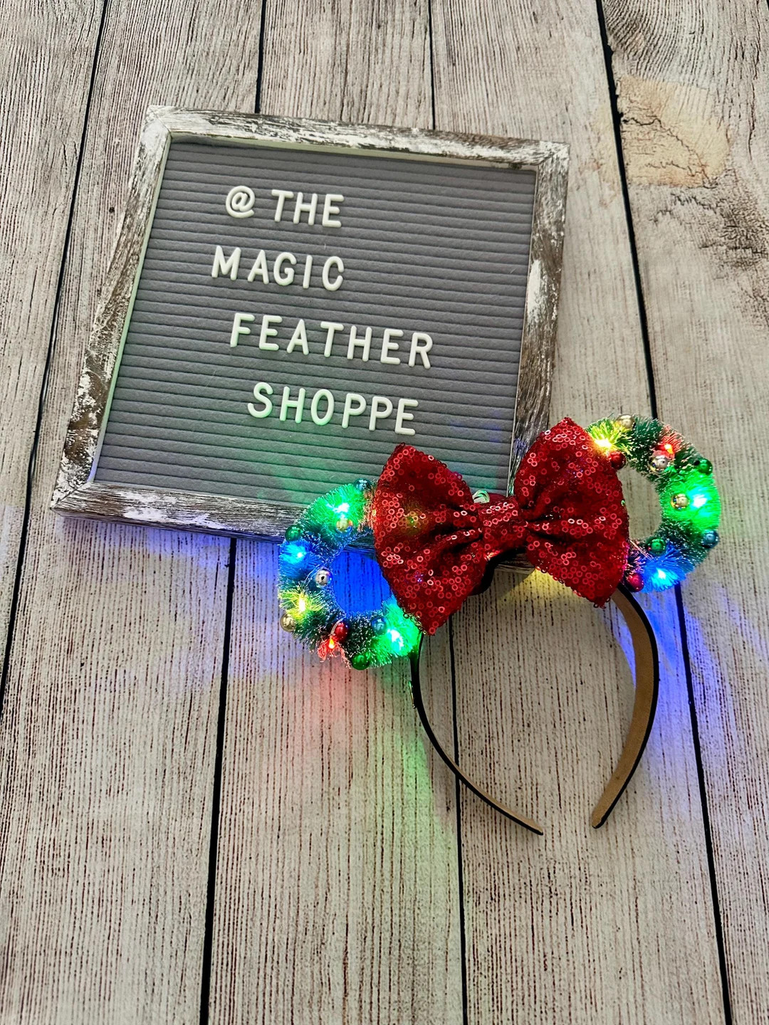 Christmas Wreath Ears | Sisal Flocked Bottle Brush Ears | Floral Mouse Ears | Red Sequin Bow Holi... | Etsy (US)