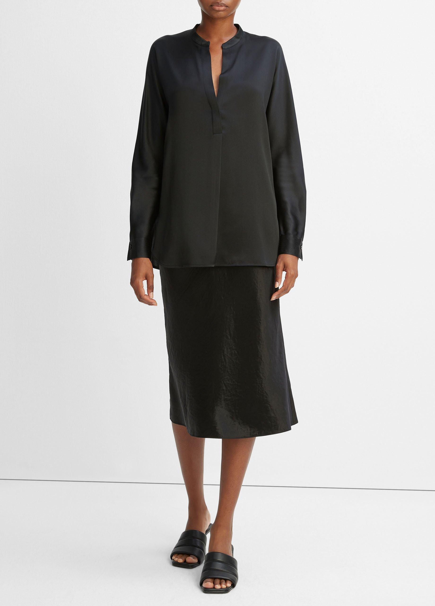 Women's Silk Satin Band-Collar Blouse, Black, Size XXS Vince | Vince LLC