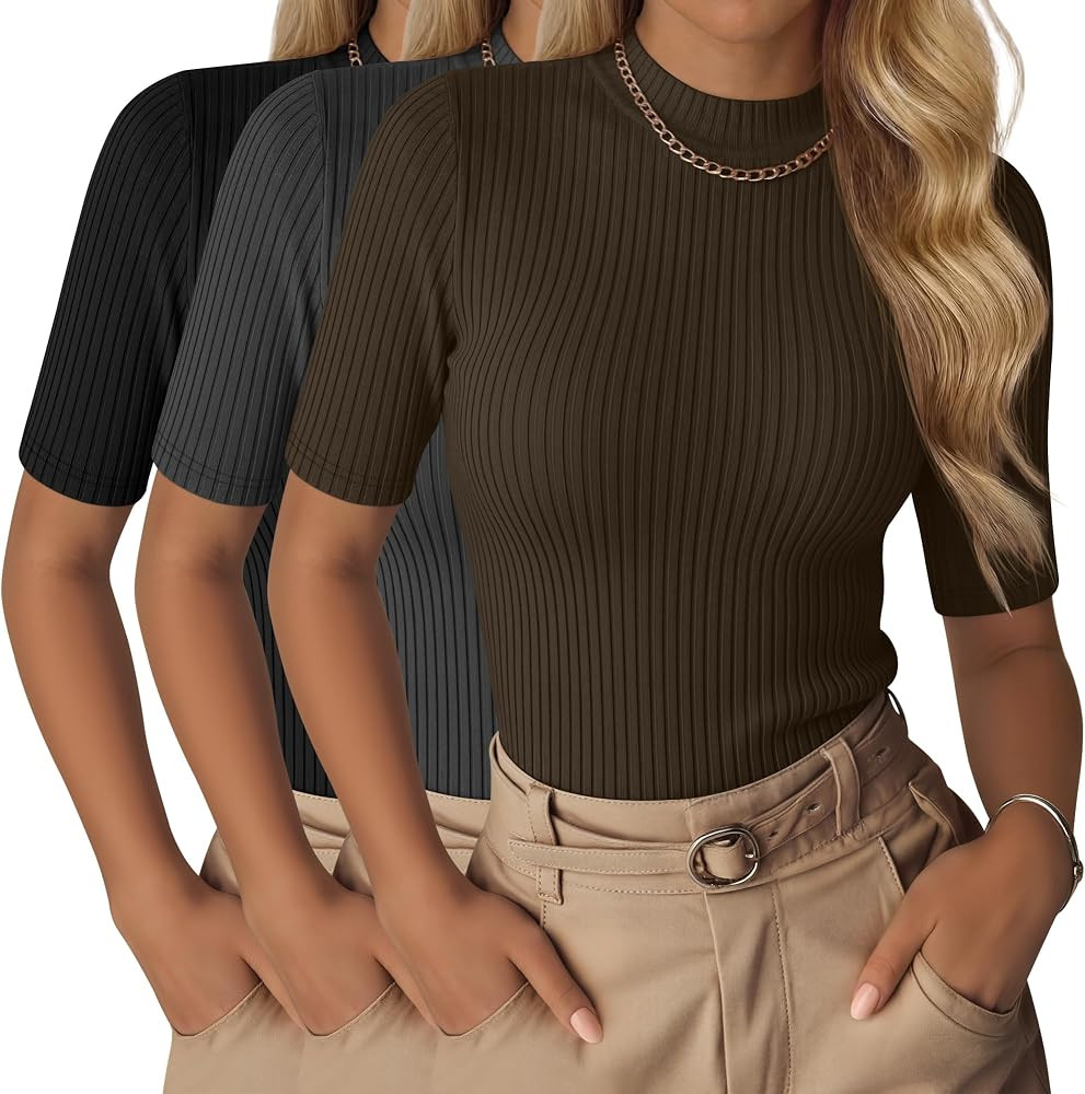 Neer 3 Pack Women's Half Sleeve T-Shirts, Mock Turtleneck Elbow Length Tee Ribbed Slim Fit Casual... | Amazon (US)