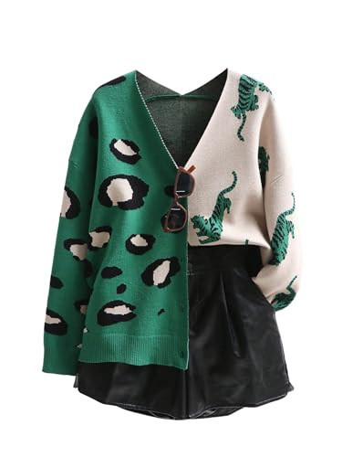 WDIRARA Women's Leopard Tiger Print Cardigan V Neck Long Sleeve Color Block Button Down Sweater Outwear Green Multicolor Medium | Amazon (US)