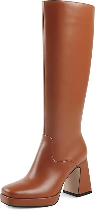 JOY IN LOVE Platform Knee High Boots for Women Chunky Block Heel Square Toe Faux Leather Tall Boo... | Amazon (US)