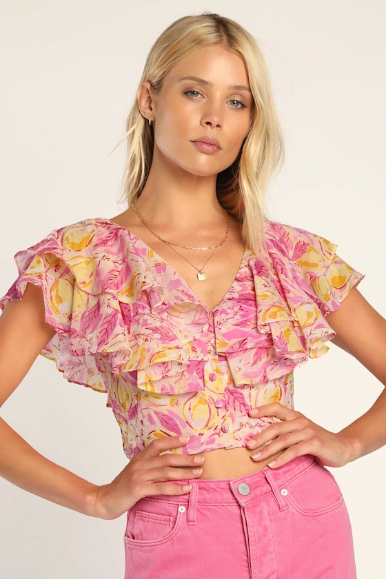 Live and Love Lemon Print Tiered Ruffled Button-Front Top | Lulus (US)