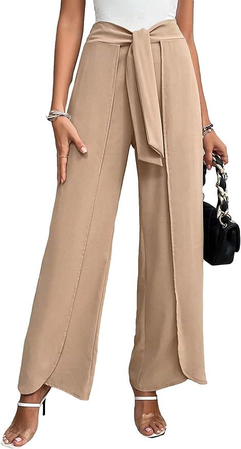 Milumia Women's Casual Tie Front Wrap Hem High Waist Wide Leg Work Pants Long Trousers | Amazon (US)