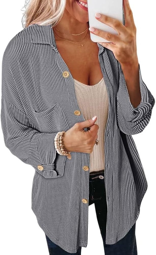 SHEWIN Womens Shacket Casual Long Sleeve Button Down Shirts Loose Boyfriend Shirt Jackets Tops | Amazon (US)