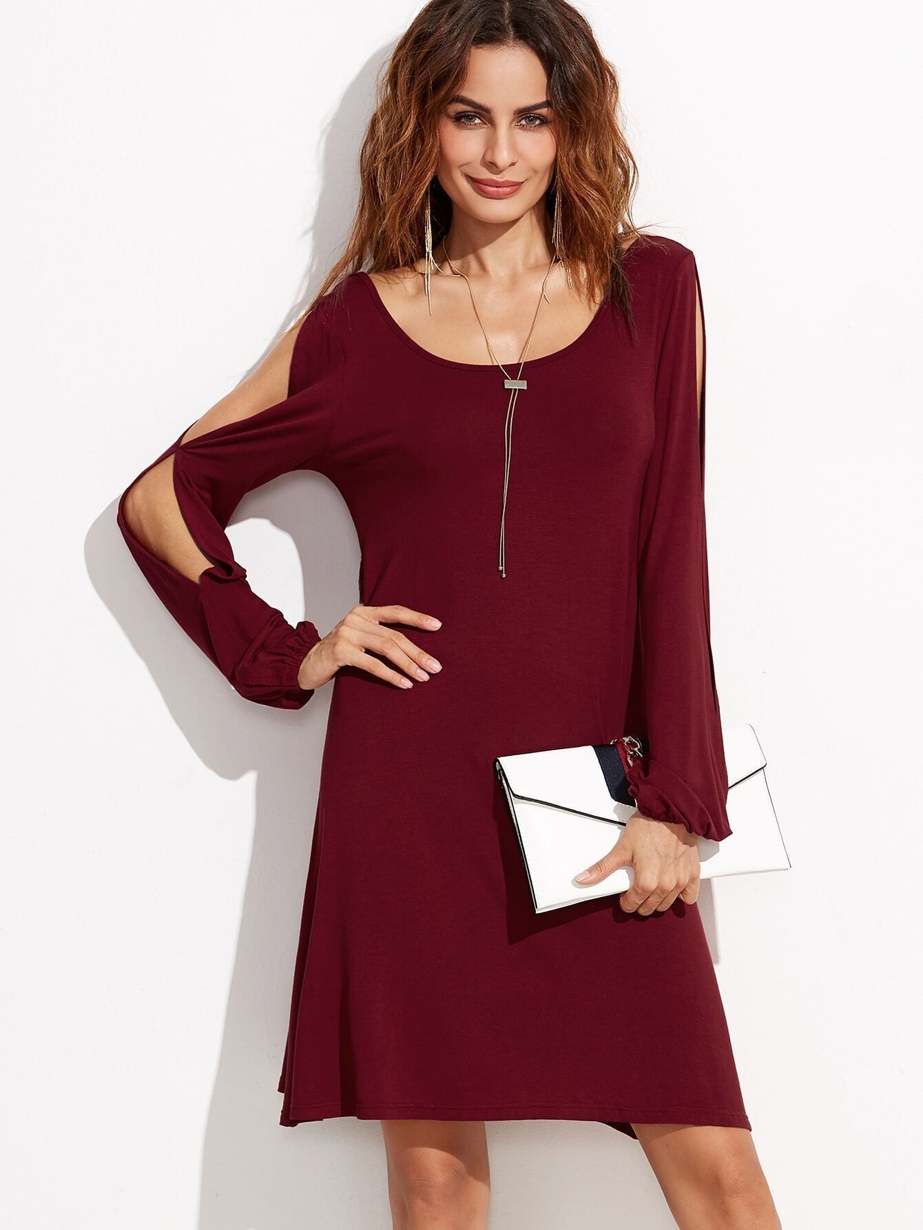 Burgundy Split Shoulder Lace Up V Back Dress | SHEIN