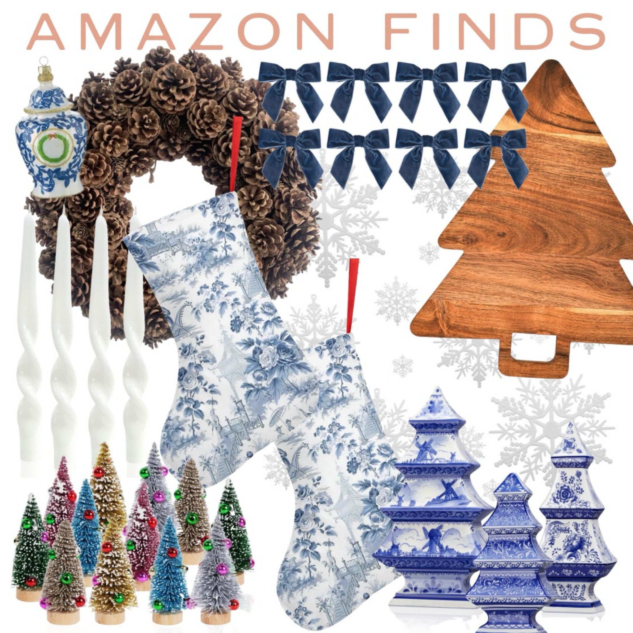 Amazon Christmas decor; blue and white Christmas decor; Christmas tree charcuterie board; holiday wreath; Christmas tablescape; spiral candle; chinoiserie stockings; ginger jar

#LTKHoliday #LTKhome #LTKSeasonal