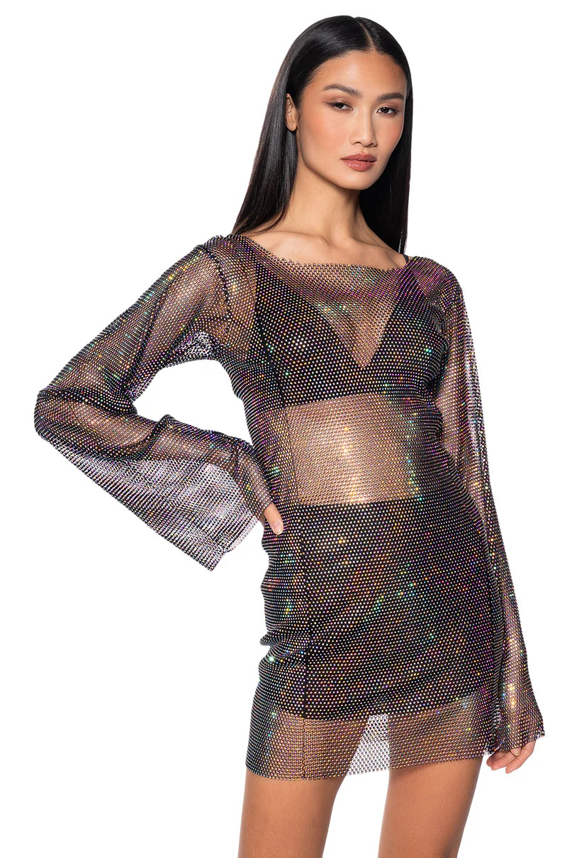ANAIS RHINESTONE MESH LONG SLEEVE MINI DRESS IN BLACK | AKIRA