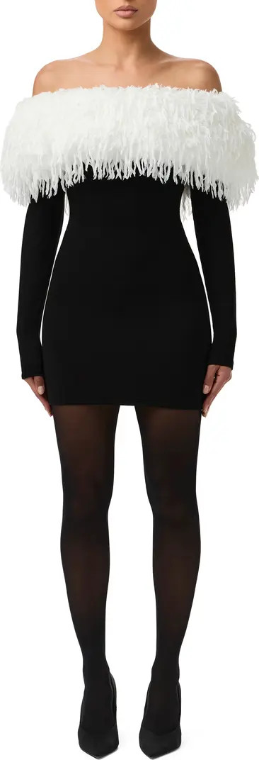 Naked Wardrobe Butter Faux Feather Trim Off the Shoulder Long Sleeve Minidress | Nordstrom | Nordstrom