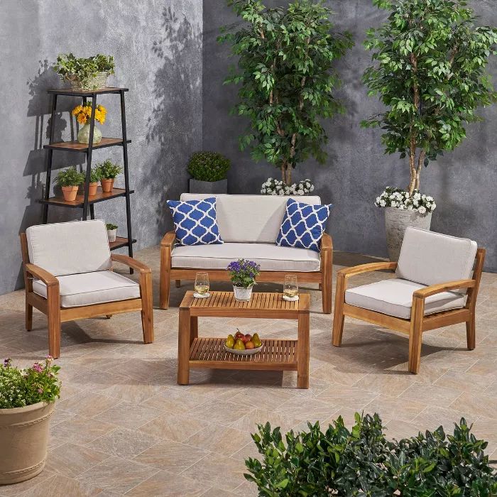 4pc Grenada Acacia Patio Chat Set with Sunbrella Cushions - Christopher Knight Home | Target
