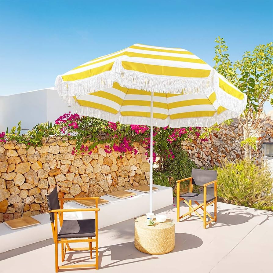 Outdoor Striped Patio Umbrella Yellow Holiday Beach Umbrellas for Sand UV Protection Boho Fringe ... | Amazon (US)