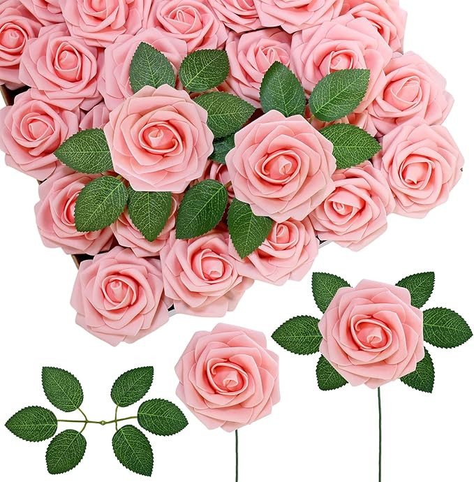 Winlyn 50 pcs Real Touch Blush Pink Roses with Stems & Silk Leaves - Bulk Artificial Flowers for ... | Amazon (US)