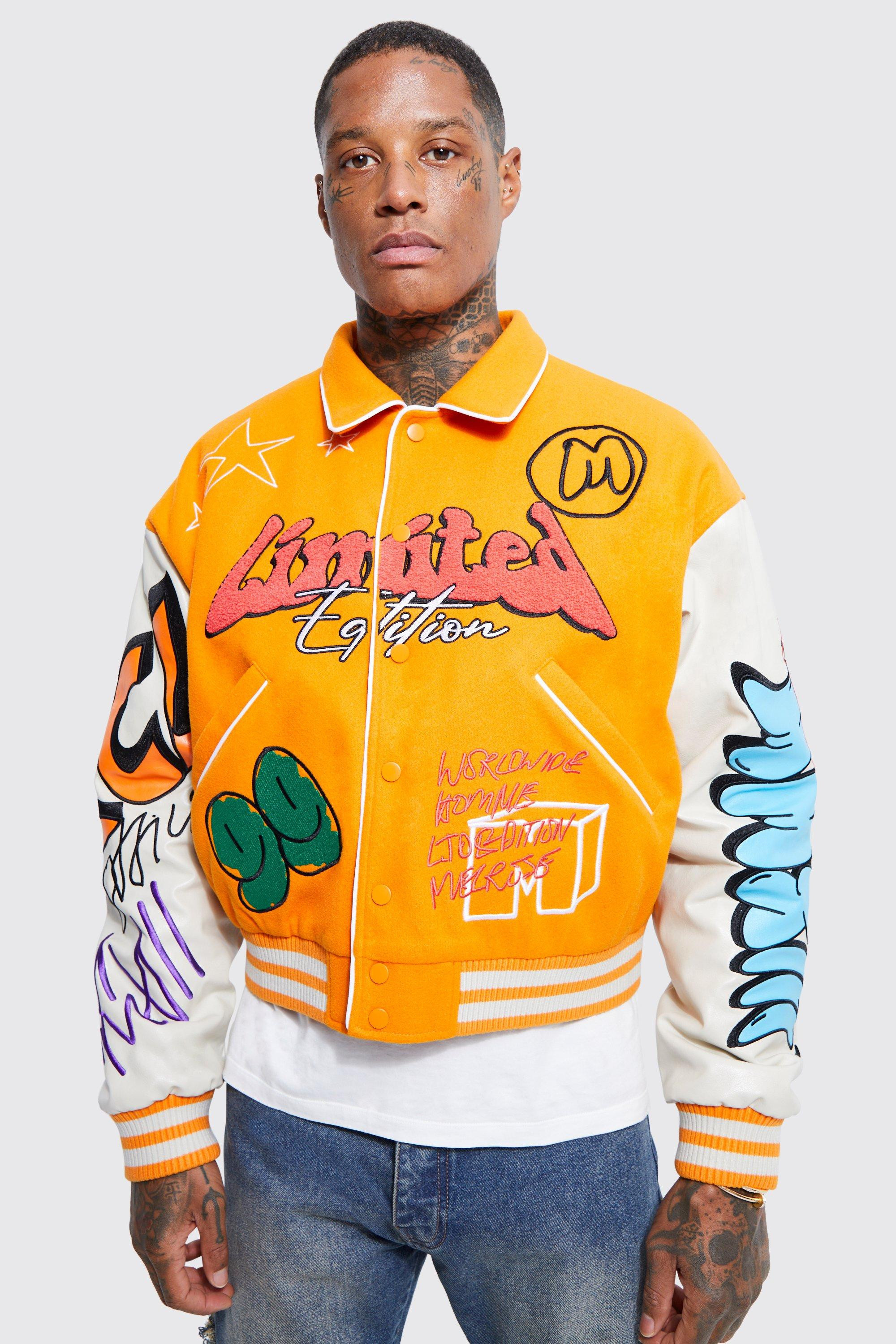 Boxy Fit Graffiti Varsity Jacket | boohooMAN (US & Canada)