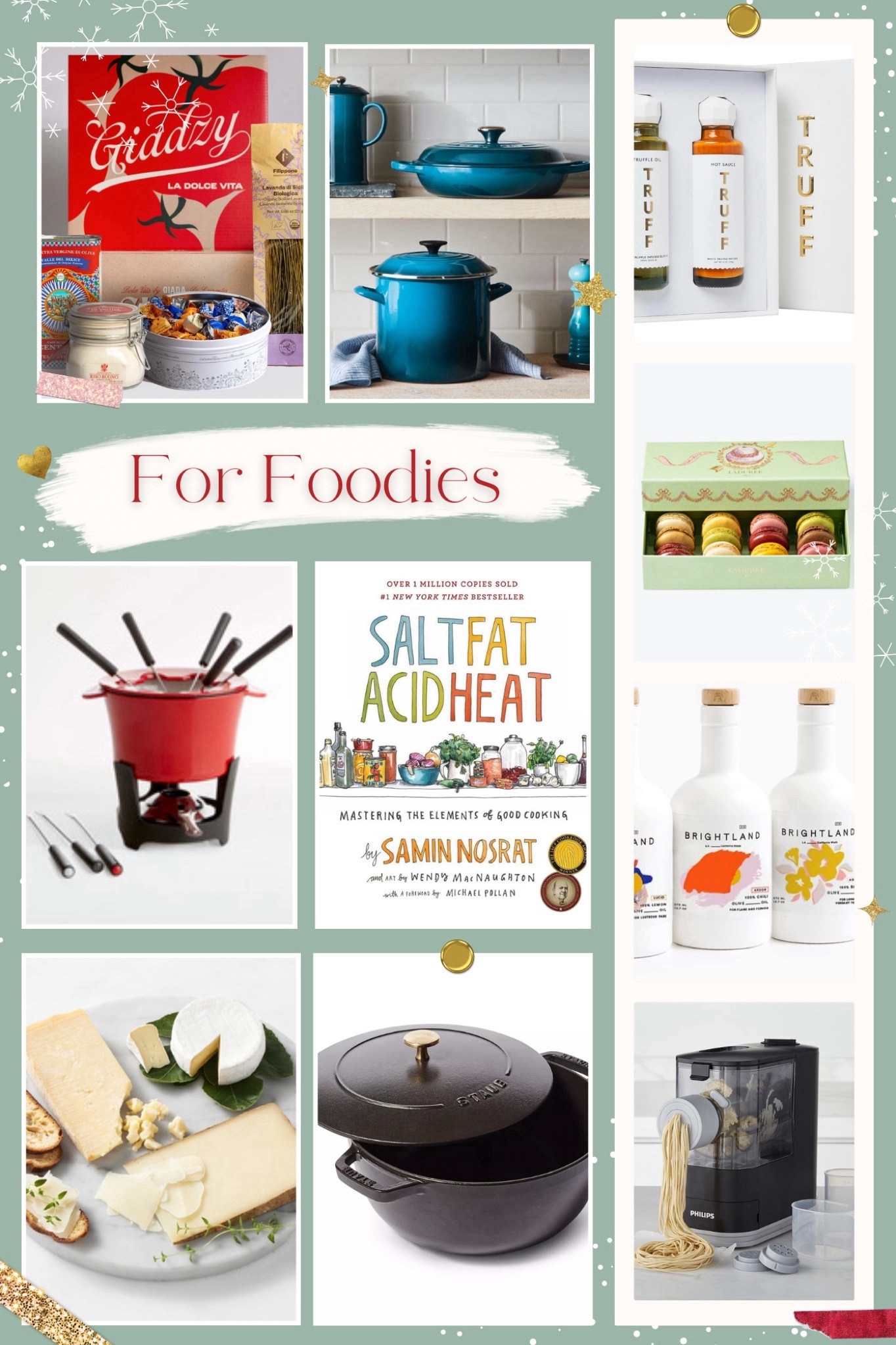 Christmas and Holiday Gifts for the Foodies on your list! 

Shop for cheese subscriptions, Giadzy Italian food gift baskets, TRUFF truffle oils, Brightland EVOO, LE Creuset and Staub cookware, pasta makers, Salt Fat Acid Heat cookbook, fondue pot, and Lauderee macarons. 

#LTKGiftGuide #LTKhome #LTKHoliday