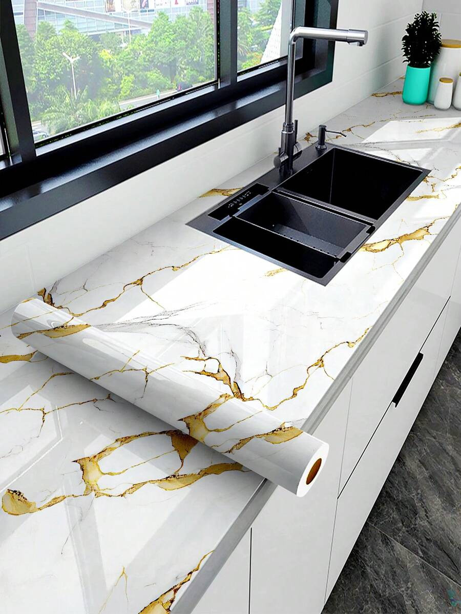 1pc White Marble Pattern Self-Adhesive Tile Sticker For Kitchen, Nordic Style Waterproof & Oilpro... | SHEIN