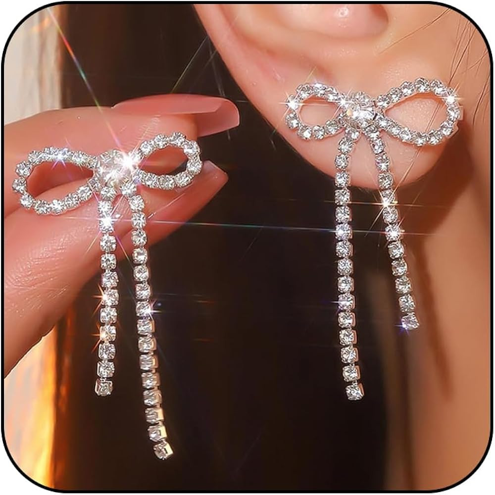 Black Bow Earrings for Women Silver Rhinestone Long Tassel Earrings Bow Drop Earring Silver Dangl... | Amazon (CA)