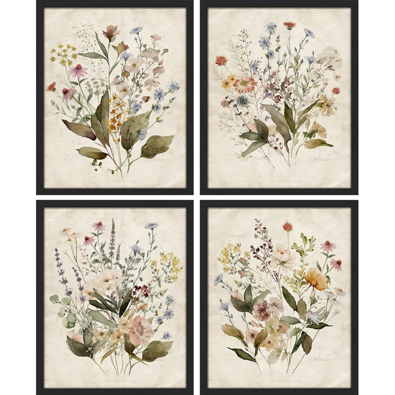 SIGNLEADER Vintage Wildflowers Bouquet Antique Botanical Floral Pictures Framed Paper 4 Pieces Pr... | Wayfair North America