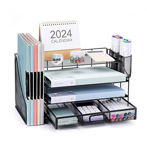 NCXTKJ Desk Organizer with File Holder, 4-Tier Letter Paper Tray Organizer with Drawer and 2 Pen Holder, Mesh File Organizer and Storage for Office Desk Organization and Accessories (Black), MC0033-B | Amazon (US)