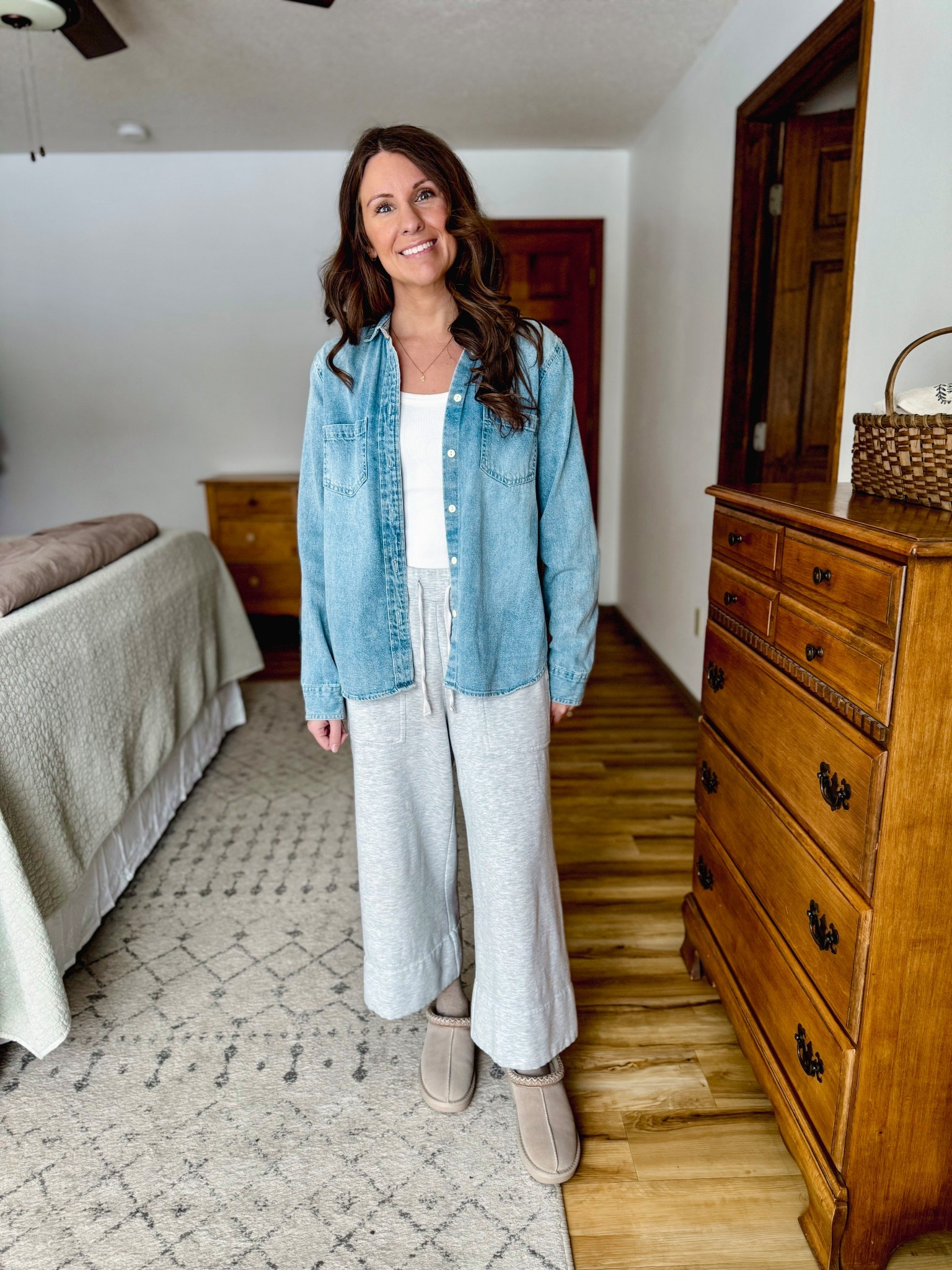 Small in my long sleeve, small in my grey side leg sweatpants (xs would fit better now—I bought these when I was heavier). My denim shirt is older so I linked current options. My slipper clogs are size 6. 

#LTKFindsUnder50 #LTKPetite #LTKootd