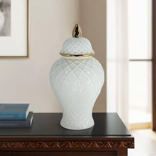 Liv & Skye 14.25 in. White/Gold Stoneware Rope Lined Temple Jar 17899-04 - The Home Depot | The Home Depot