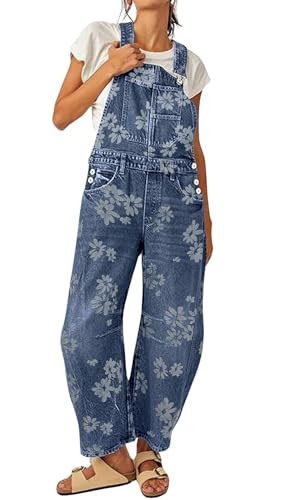 loveimgs Women Floral Print Denim Overalls Baggy Barrel Jeans Patchwork Denim Pants Y2k Straps Wide Leg Jumpsuit One Piece (Small,Retro blue) | Amazon (US)