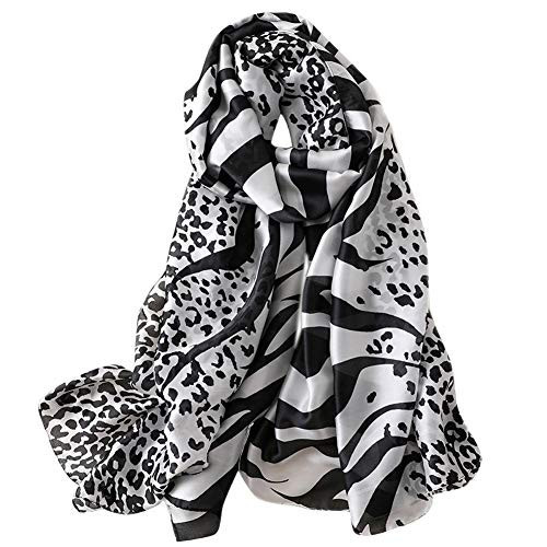 GERINLY Animal Print Shawl Wraps Zebra & Leopard Pattern Silky Scarf for Women Fashion Print Accessory (Black) | Amazon (US)