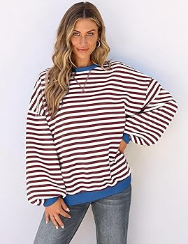 UEU Women Oversized Striped Crewneck Sweatshirt Long Sleeve Color Block Pullover Tops Casual Loos... | Amazon (US)