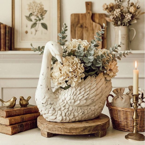 Distressed White Swan Planter | Antique Farm House