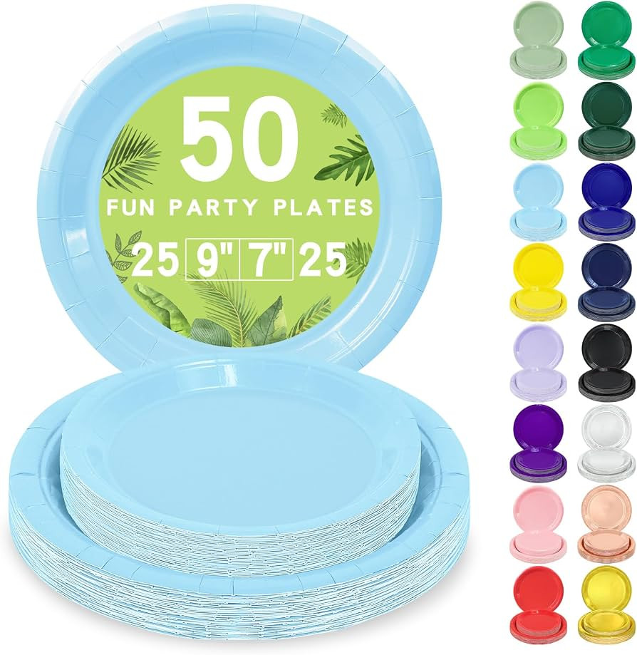 50 Light Blue Paper Plates Disposable, 25-9" & 25-7" Disposable Birthday Cake Dessert Plates For ... | Amazon (US)