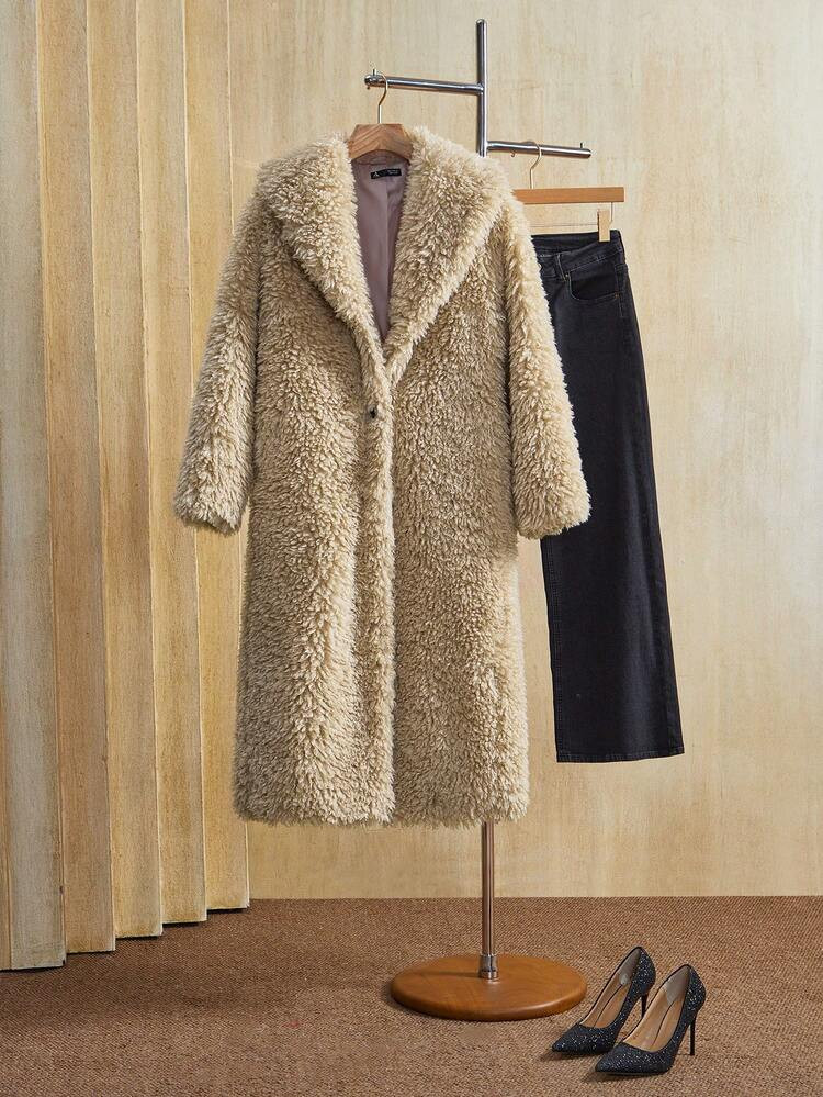Anewsta Women's Oversized Fluffy Teddy Faux Fur Collar Long Coat, Camel Color, Suitable For Autumn, Fall, Winter, Going Out, Elegant, Formal, Party, Chic, New Year, Women's Winter Coat, Christmas, Work, Graduation, Wedding | SHEIN