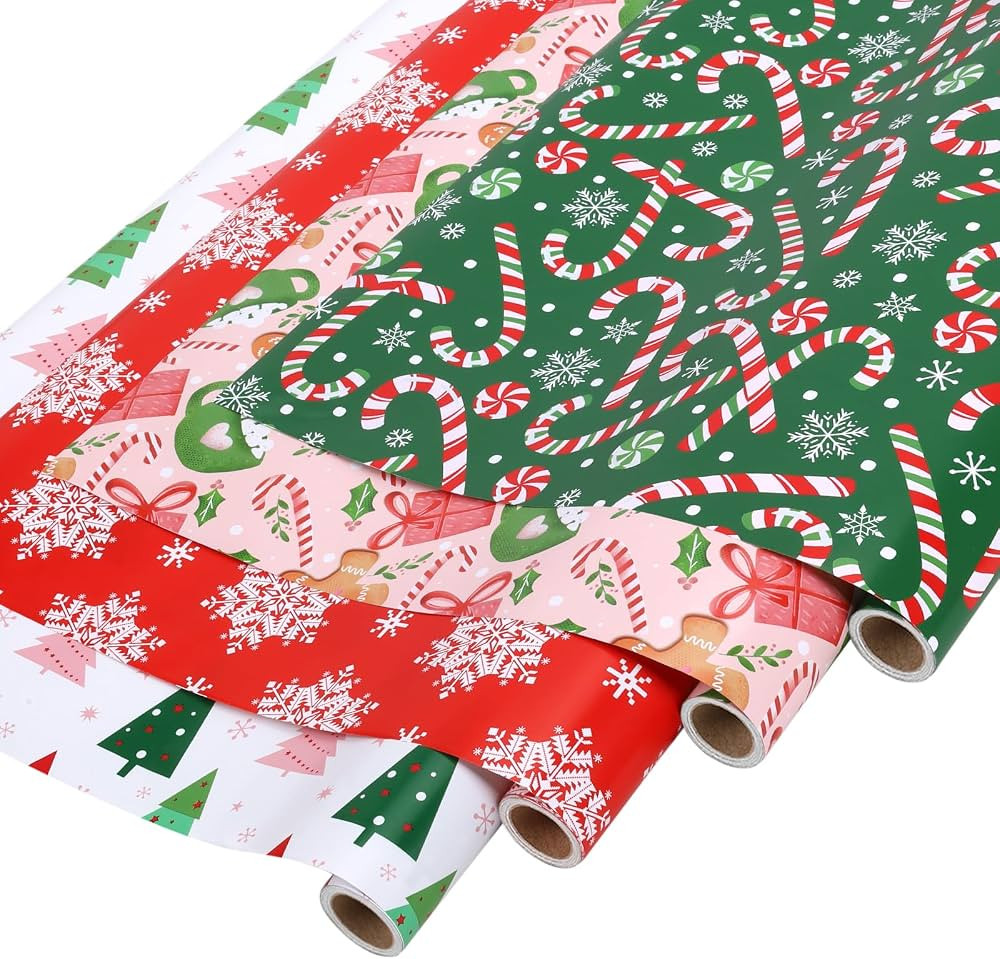 LaRibbons Christmas Wrapping Paper Set, Red Snow flake/Gingerbread Man/Holiday Trees/Candy Cane D... | Amazon (US)