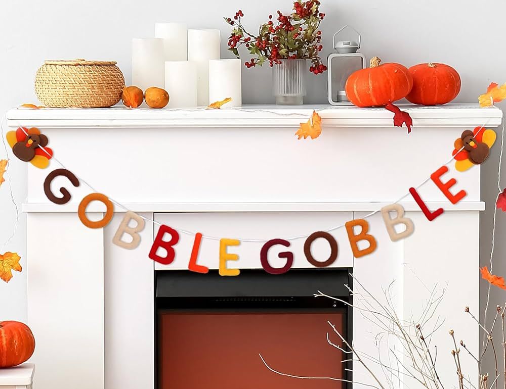 AnyDesign Thanksgiving Felt Banner 3D Turkeys Banner Felt Gobble Gobble Letter Garland Pre-Assemb... | Amazon (US)
