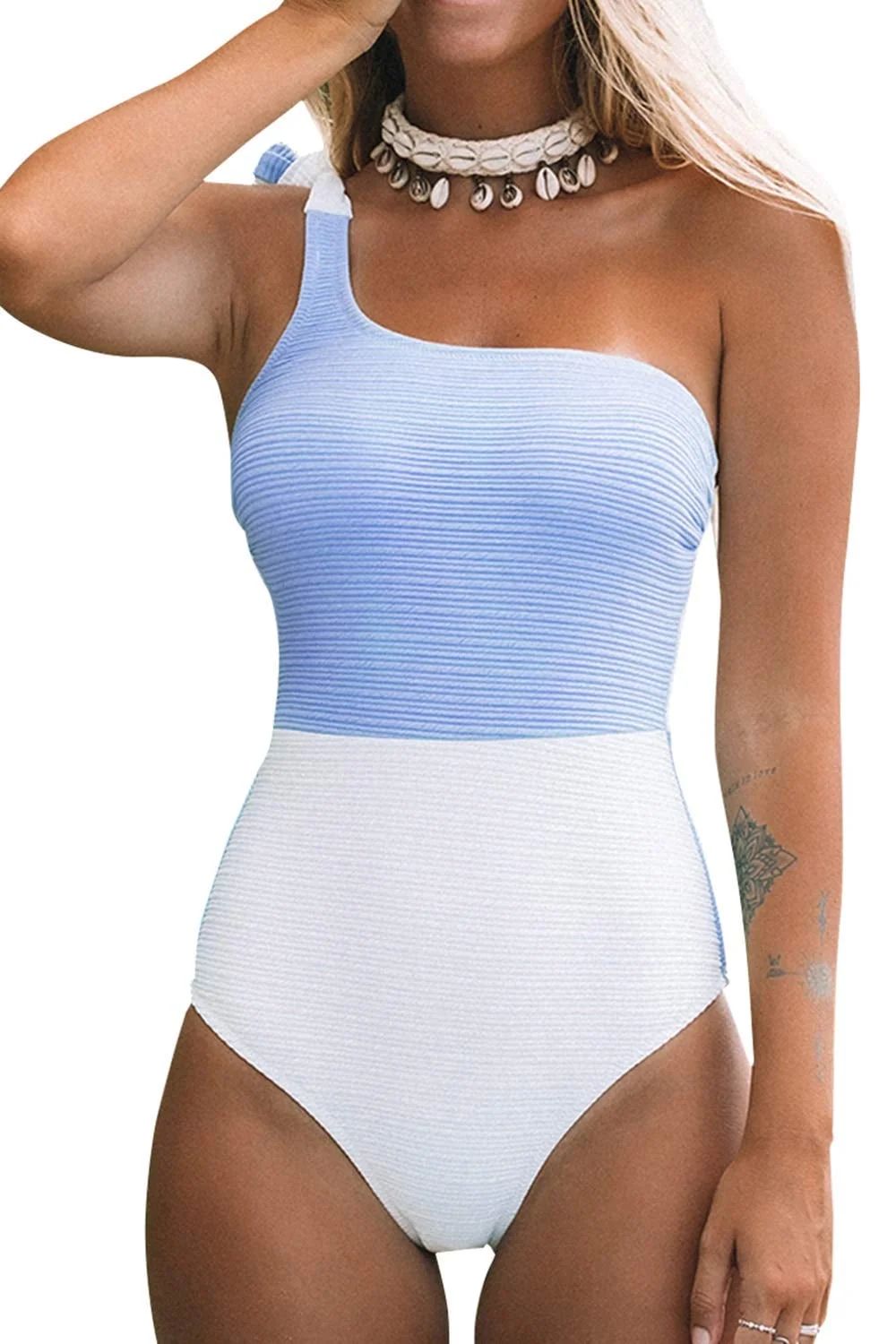 Cupshe Women's Blue Color Block One Shoulder Bowknot Tie One-Piece Swimsuit, XL - Walmart.com | Walmart (US)