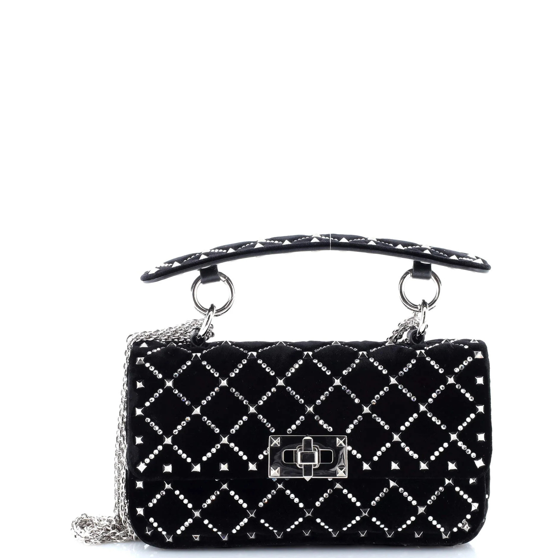 Rockstud Spike Flap Bag Crystal Embellished Quilted Velvet Small | Shop Simon