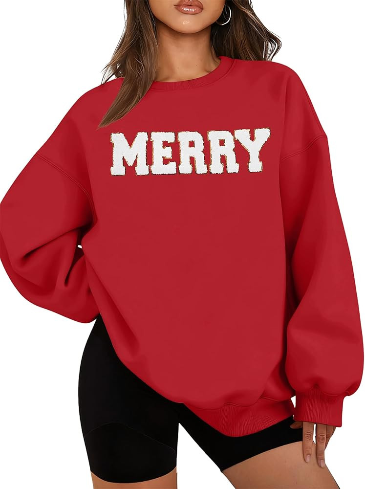 FASHGL Christmas Sequins Sweatshirts Women Merry Glitter Patch Crewneck Sweater Xmas Long Sleeve ... | Amazon (US)