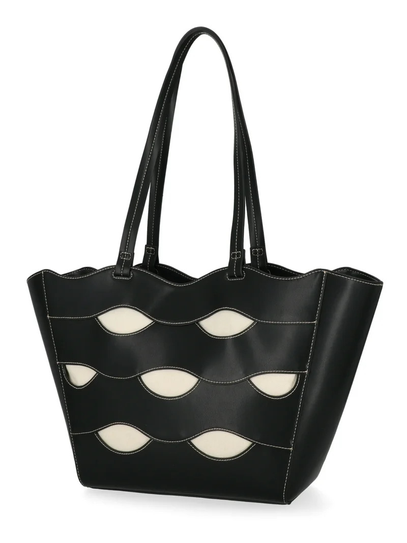 Free Assembly Women's Allegra Faux Leather Cut Out Tote Handbag, Black/Cream | Walmart (US)