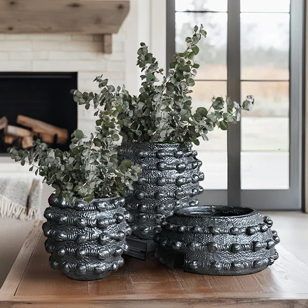 Handcrafted Textured Outdoor Matte Black Planters, Set of 3 - Decor Steals | Decor Steals