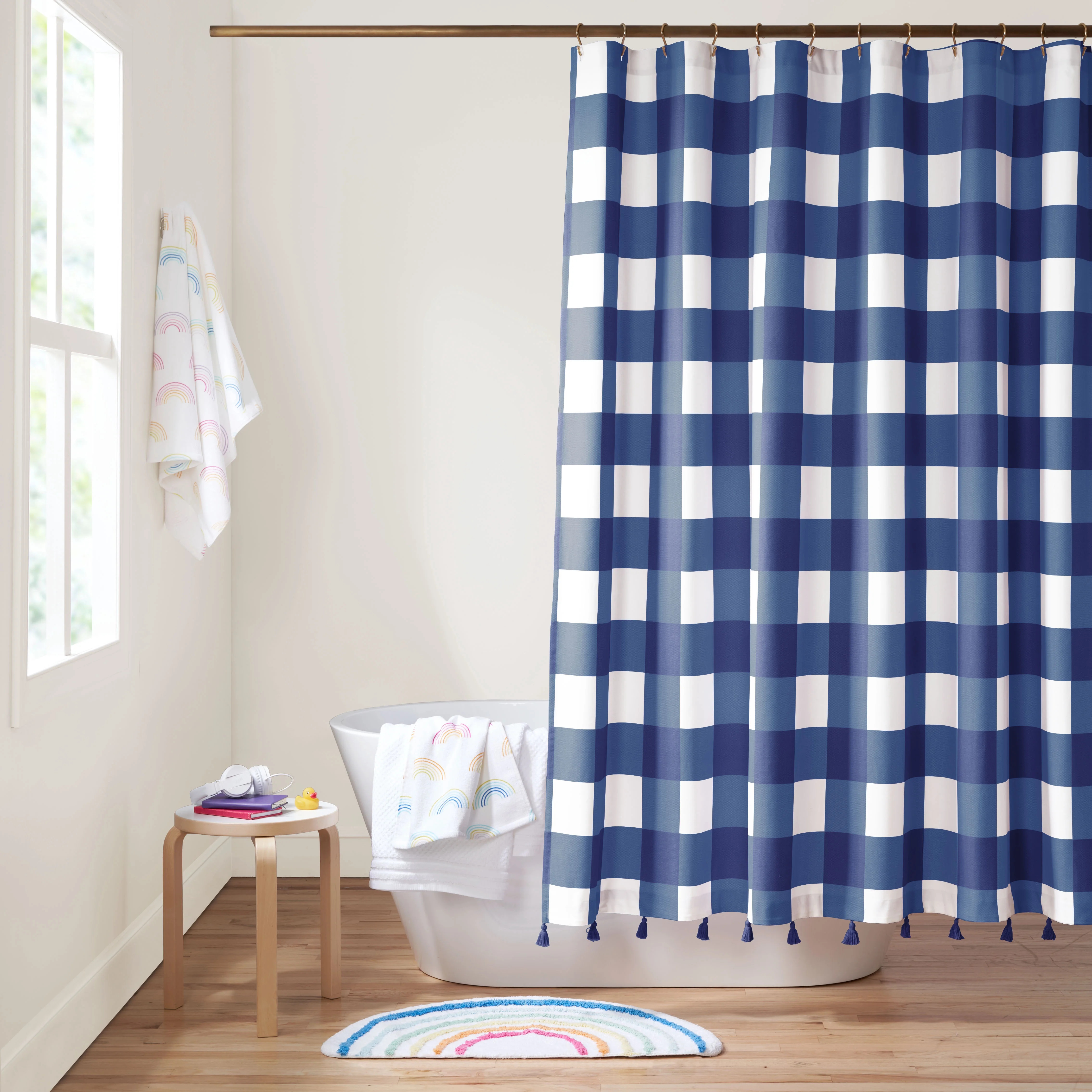 Gap Home Kids Large Gingham Organic Cotton Shower Curtain with Tassels, Blue, 72"x72" | Walmart (US)