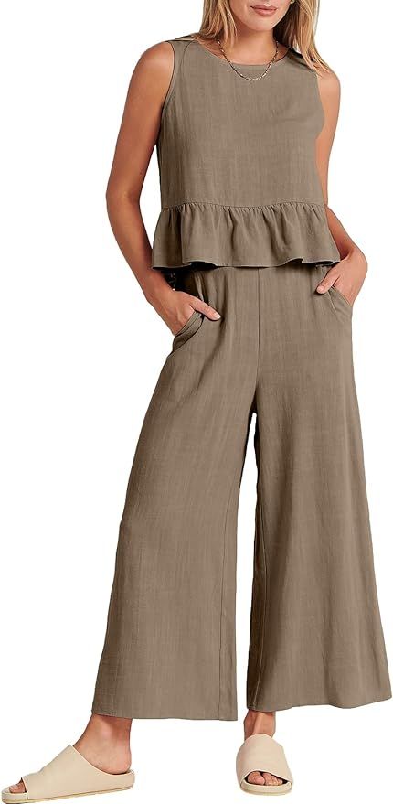 ANRABESS Women's Summer 2 Piece Outfits Sleeveless Tank Crop Top Wide Leg Pants Linen Lounge Matc... | Amazon (US)