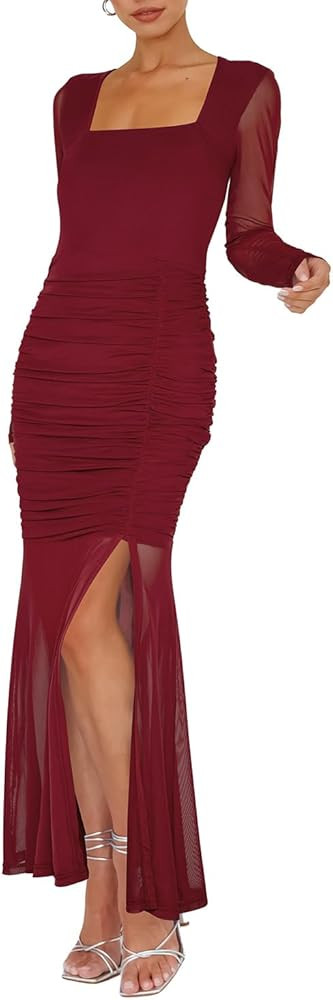 Hocuos Women's 2025 Fall Long Sleeve Square Neck Mesh Ruched Bodycon Maxi Dresses Split Cocktail ... | Amazon (US)