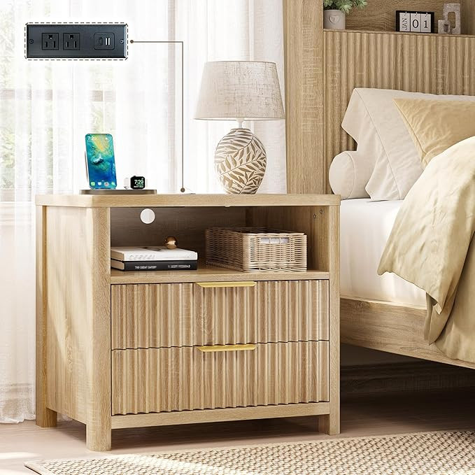 CypBed 23.8" Wide Fluted Farmhouse Night Stand with Charging Station, Bedside Table with 2 Drawer... | Amazon (US)