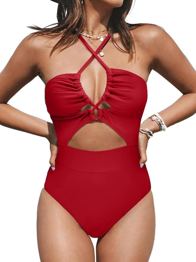 CUPSHE Women's One Piece Swimsuit Plunge Neckline Cutout Criss Cross Bathing Suit | Amazon (US)