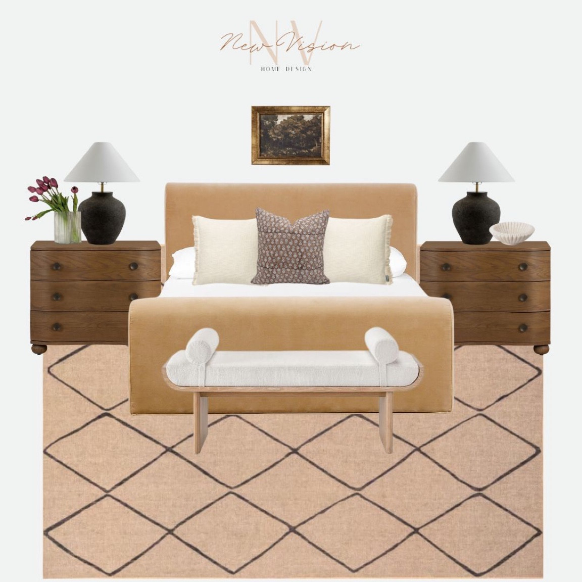 Bedroom e-design with neutral colors. Dark wood nightstands anchoring the room. 

#newvisionhome #bedroom #bedroomdecor #decorinspo #interiordesign #roomdesign 

#LTKhome #LTKsalealert #LTKstyletip