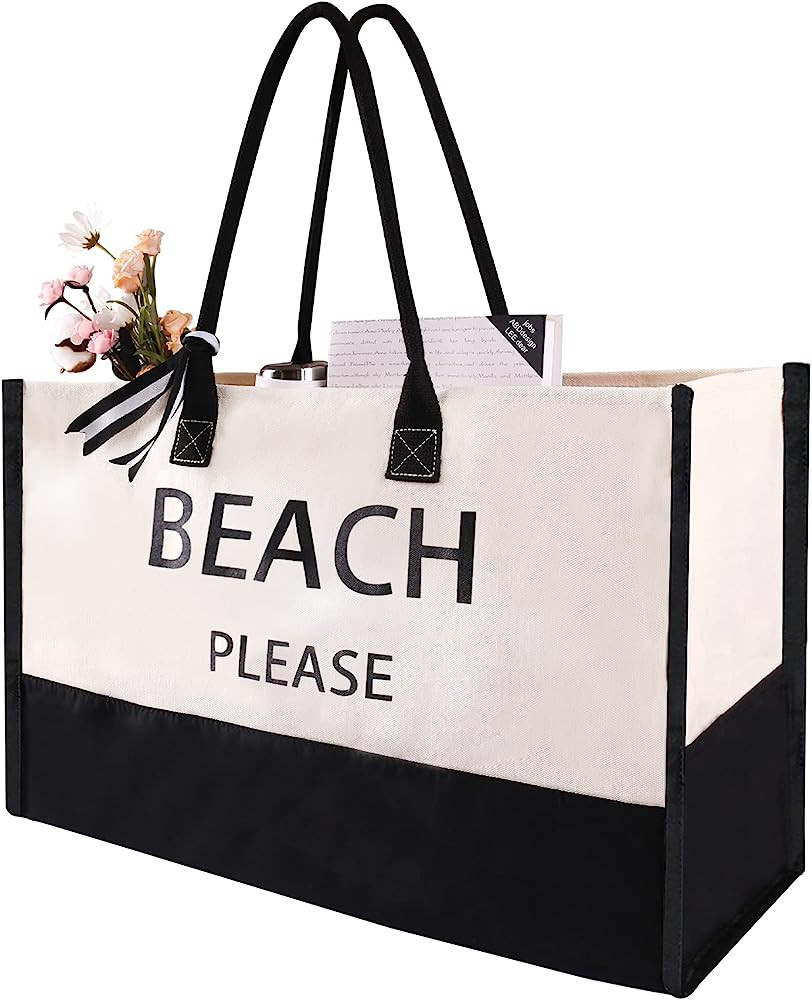 Extra Large Canvas Beach Bag With 2 Side Pockets for Beach, Travel, Cruise, Shopping, Ideal Gift ... | Amazon (US)
